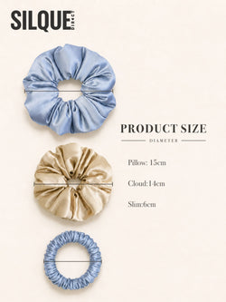 Three mulberry silk scrunchie sizes with diameter measurements: Large 15 cm, Medium 14 cm, and Slim 6 cm